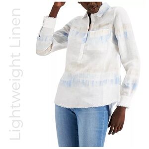 INC International Concepts Linen Tie-Dye Top | Lightweight White Button Tunic